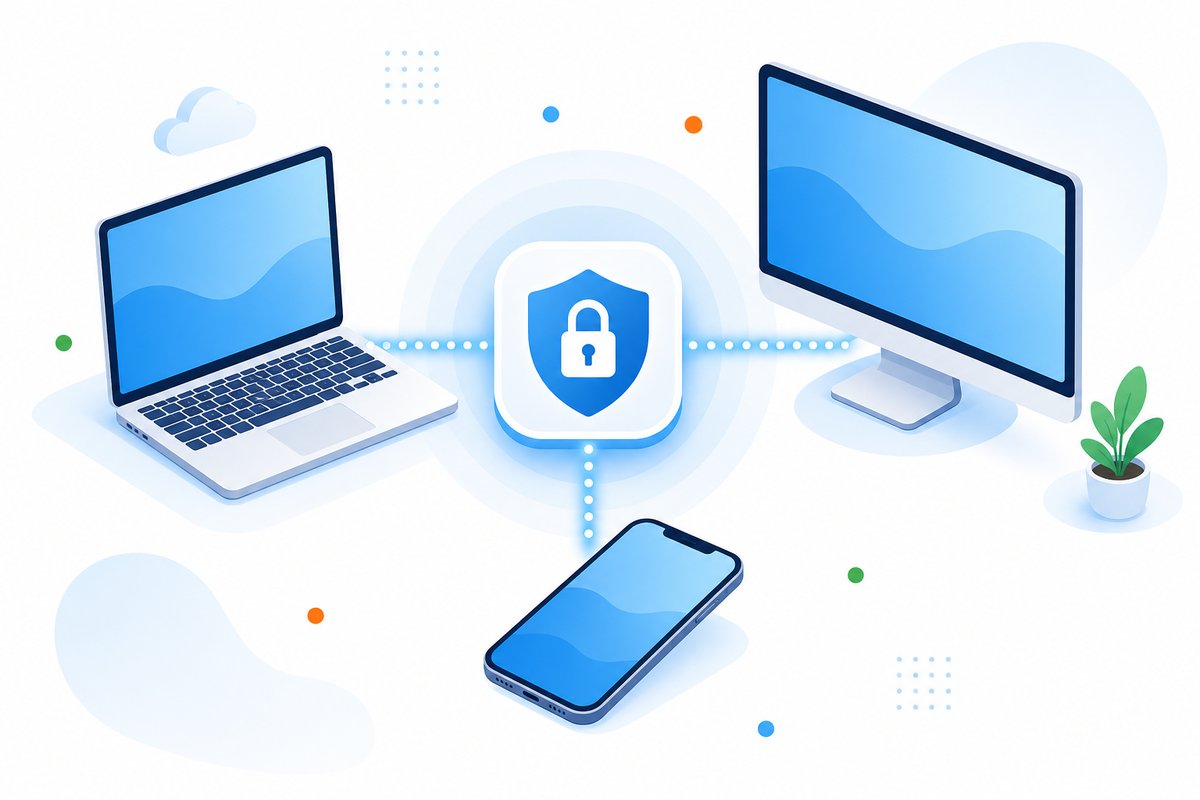 Illustration of multi-platform devices connecting securely through an encrypted tunnel